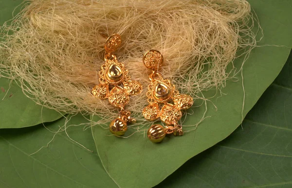 Indyjskie Tradycyjne Kolczyki Stylu Antycznym Lub Retro Zielonych Liściach Teksturowane — Zdjęcie stockowe