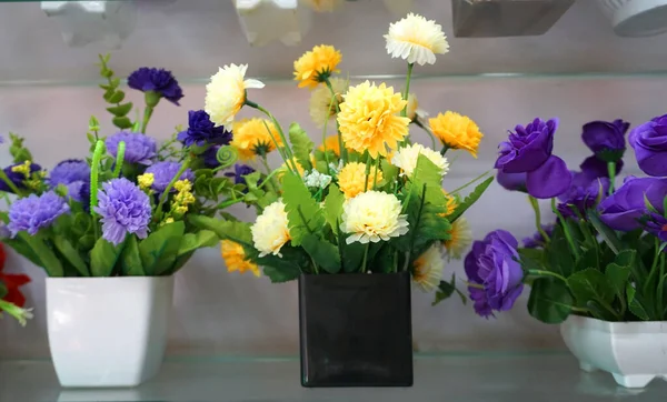Красочные Цветы Горшках Полках Магазинов — стоковое фото