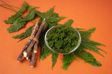 Yaprakları ve turuncu arka planda tahta çubukları olan bir kaseye yapıştır.