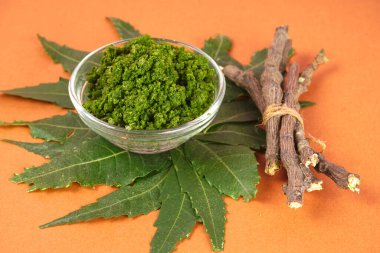 Yaprakları ve turuncu arka planda tahta çubukları olan bir kaseye yapıştır.