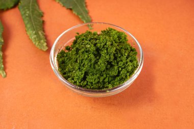 Turuncu arka planda yaprakları olan bir kaseye yapıştır