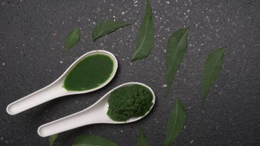 İlaç Ayurvedic Azadirachta indica ya da Neem yaprakları neem macunu, meyve suyu ve dal ile kaplanır