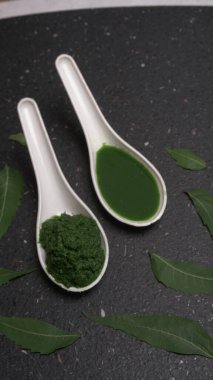 İlaç Ayurvedic Azadirachta indica ya da Neem yaprakları neem macunu, meyve suyu ve dal ile kaplanır