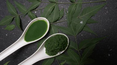 İlaç Ayurvedic Azadirachta indica ya da Neem yaprakları neem macunu, meyve suyu ve dal ile kaplanır