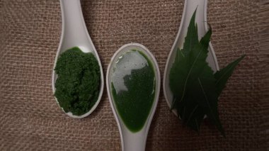 İlaç Ayurvedic Azadirachta indica ya da Neem yaprakları neem macunu, meyve suyu ve dal ile kaplanır