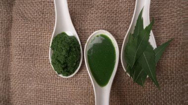 İlaç Ayurvedic Azadirachta indica ya da Neem yaprakları neem macunu, meyve suyu ve dal ile kaplanır