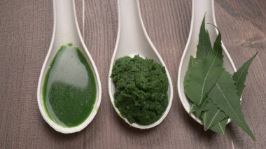 İlaç Ayurvedic Azadirachta indica ya da Neem yaprakları neem macunu, meyve suyu ve dal ile kaplanır