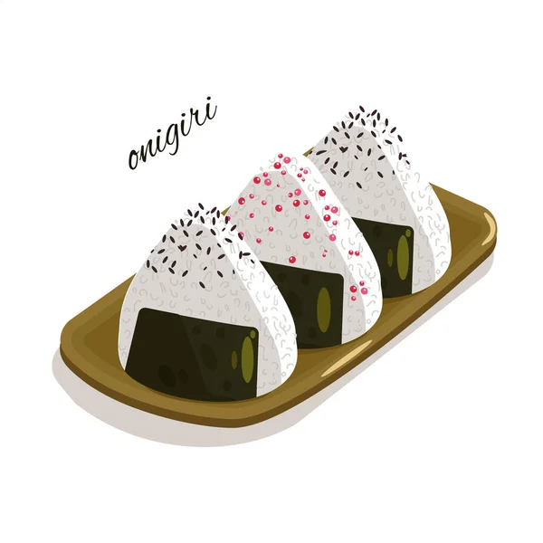 Japanese onigiri on a plate with different flavors — Stock Vector