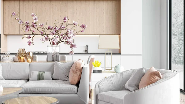 Modern bright Scandinavian-style living room interior. 3D rendering — Stock Photo, Image