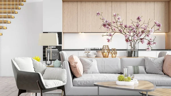 Modern bright Scandinavian-style living room interior. 3D rendering — ストック写真