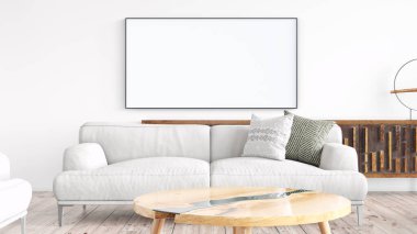 Beyaz bir tablosu olan modern, güzel bir iç mekan. Ahşap zeminleri ve aydınlık duvarları olan temiz ve hafif bir tasarım. 3d oluşturma