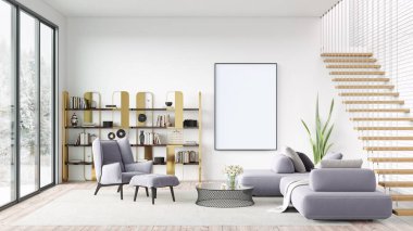 Beyaz bir tablosu olan modern, güzel bir iç mekan. Ahşap zeminleri ve aydınlık duvarları olan temiz ve hafif bir tasarım. 3d oluşturma