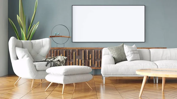 Moderna habitación interior hermosa con una pintura blanca. Diseño limpio y ligero con suelos de madera y paredes ligeras. renderizado 3d — Foto de Stock