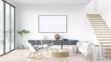 Beyaz bir tablosu olan modern, güzel bir iç mekan. Ahşap zeminleri ve aydınlık duvarları olan temiz ve hafif bir tasarım. 3d oluşturma
