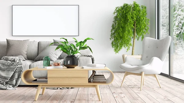 Modern beautiful interior room with a white painting. Clean and lightweight design with wooden floors and light walls. 3d rendering — Stock Photo, Image