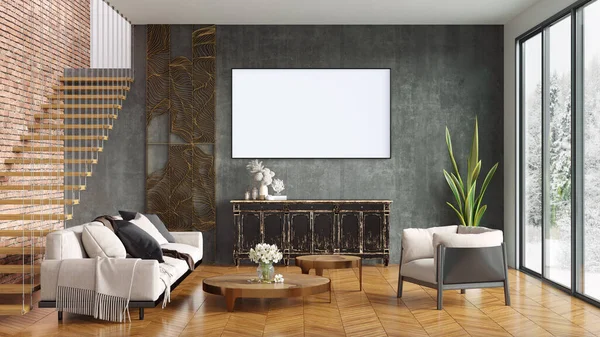 현대의 아름다운 실내에 흰색 그림 이 있다. 나무로 된 바닥 과가벼운 벽 이 있는 깨끗하고 가벼운 설계. 3d 렌더링 — 스톡 사진