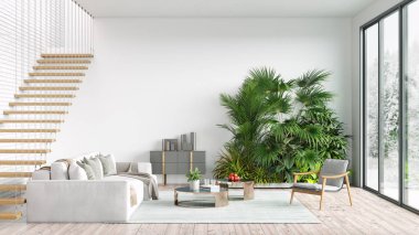 Modern bir oturma odası, merdiveni olan bir oda, ahşap zemin ve büyük bir pencere. 3B görüntüleme