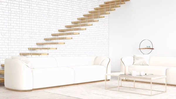 Moderno y elegante interior de la sala de estar, una habitación con una escalera, suelo de madera y un gran ventanal. Renderizado 3D — Foto de Stock