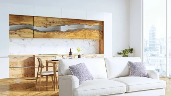 Moderna cocina elegante interior, habitación con suelo de madera, mesa y sofá. Renderizado 3D — Foto de Stock
