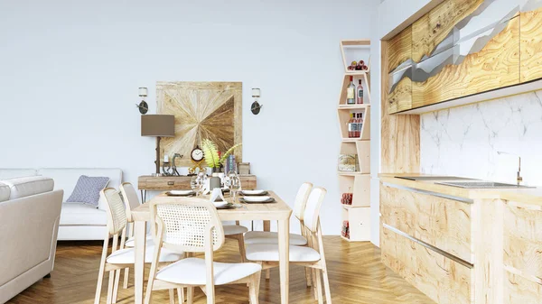 Современный стильный кухонный интерьер, комната с деревянным полом, столом и диваном. 3D рендеринг — стоковое фото