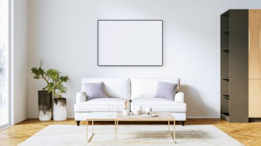 Modern stil mutfak, ahşap döşemeli oda, masa ve kanepe. 3B görüntüleme