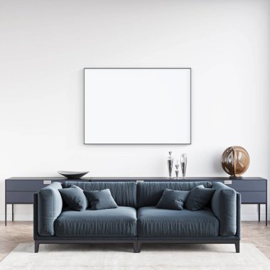 Boş bir tablosu olan modern bir oda. Kanepe, geniş pencere, ahşap zemin ve duvar. Temiz iç tasarım çizgileri. 3B görüntüleme