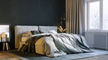 Modern bir odanın güzel iç mekanı. Parlak ve temiz tasarım. Arka planda büyük bir pencere var. 3B görüntüleme