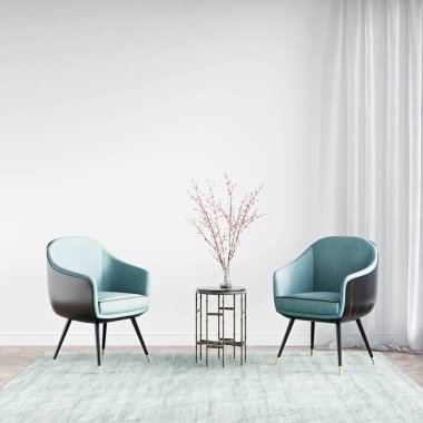 Modern bir odanın güzel iç mekanı. Parlak ve temiz tasarım. Büyük bir pencerenin yanında duran bir kanepe. 3B görüntüleme