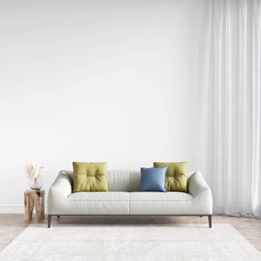 Modern bir odanın güzel iç mekanı. Parlak ve temiz tasarım. Büyük bir pencerenin yanında duran bir kanepe. 3B görüntüleme
