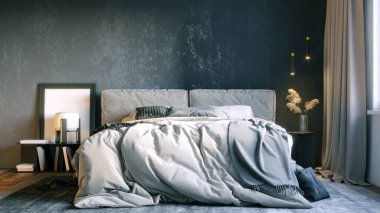 Modern bir odanın güzel iç mekanı. Parlak ve temiz tasarım. Arka planda büyük bir pencere var. 3B görüntüleme