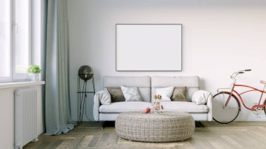 Boş bir tablosu olan modern bir oda. Kanepe, geniş pencere, ahşap zemin ve duvar. Temiz iç tasarım çizgileri. 3B görüntüleme