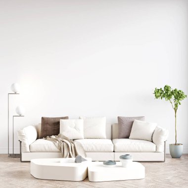 Modern bir odanın güzel iç mekanı. Parlak ve temiz tasarım. Büyük bir pencerenin yanında duran bir kanepe. 3B görüntüleme