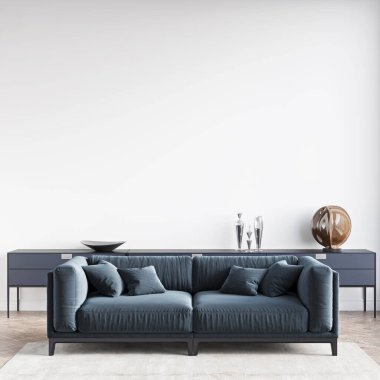 Modern bir odanın güzel iç mekanı. Parlak ve temiz tasarım. Büyük bir pencerenin yanında duran bir kanepe. 3B görüntüleme