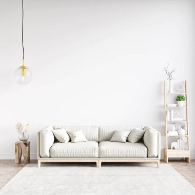 Modern bir odanın güzel iç mekanı. Parlak ve temiz tasarım. Büyük bir pencerenin yanında duran bir kanepe. 3B görüntüleme