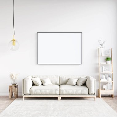 Boş bir tablosu olan modern bir oda. Kanepe, geniş pencere, ahşap zemin ve duvar. Temiz iç tasarım çizgileri. 3B görüntüleme