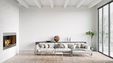 Modern bir odanın güzel iç mekanı. Parlak ve temiz tasarım. 3B görüntüleme