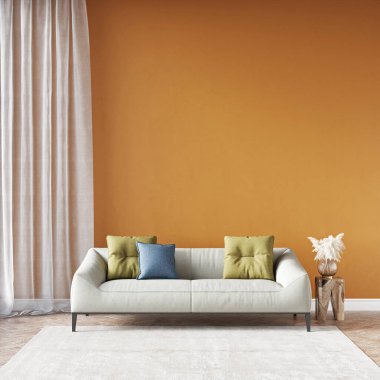 Modern bir odanın güzel iç mekanı. Parlak ve temiz tasarım. Büyük bir pencerenin yanında duran bir kanepe. 3B görüntüleme