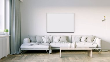 Boş bir tablosu olan modern bir oda. Kanepe, geniş pencere, ahşap zemin ve duvar. Temiz iç tasarım çizgileri. 3B görüntüleme