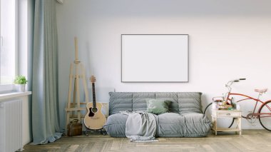 Boş bir tablosu olan modern bir oda. Kanepe, geniş pencere, ahşap zemin ve duvar. Temiz iç tasarım çizgileri. 3B görüntüleme