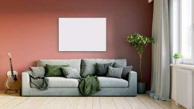 Boş bir tablosu olan modern bir oda. Kanepe, geniş pencere, ahşap zemin ve duvar. Temiz iç tasarım çizgileri. 3B görüntüleme