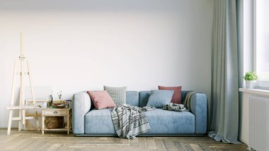 Modern bir odanın güzel iç mekanı. Parlak ve temiz tasarım. Büyük bir pencerenin yanında duran bir kanepe. 3B görüntüleme