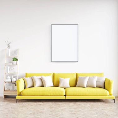 Boş bir tablosu olan modern bir oda. Kanepe, geniş pencere, ahşap zemin ve duvar. Temiz iç tasarım çizgileri. 3B görüntüleme