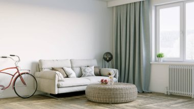 Modern bir odanın güzel iç mekanı. Parlak ve temiz tasarım. Büyük bir pencerenin yanında duran bir kanepe. 3B görüntüleme