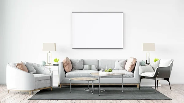 Simular el marco del cartel en el fondo interior moderno, sala de estar, estilo escandinavo, representación 3D — Foto de Stock