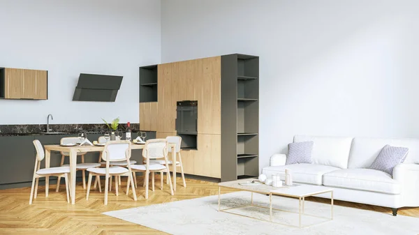 Nowoczesne stylowe wnętrze kuchni, pokój z drewnianą podłogą, stół i sofa. Renderowanie 3D — Zdjęcie stockowe