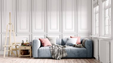 Modern bir odanın güzel iç mekanı. Parlak ve temiz tasarım. Büyük bir pencerenin yanında duran bir kanepe. 3B görüntüleme