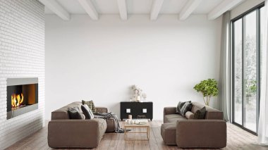 Modern bir odanın güzel iç mekanı. Parlak ve temiz tasarım. 3B görüntüleme