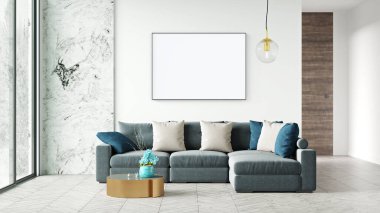 Poster çerçevesini modern iç plan, oturma odası, İskandinav tarzı, 3D görüntüleme