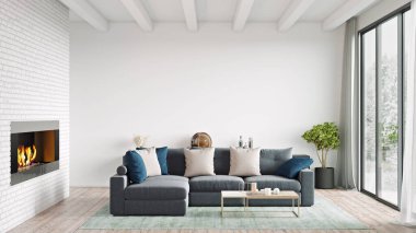 Modern bir odanın güzel iç mekanı. Parlak ve temiz tasarım. 3B görüntüleme