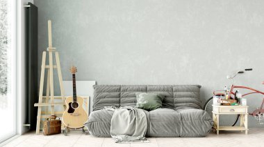 Oturma odasının modern tarzı, ahşap zeminli ve geniş pencereli bir oda. 3B görüntüleme